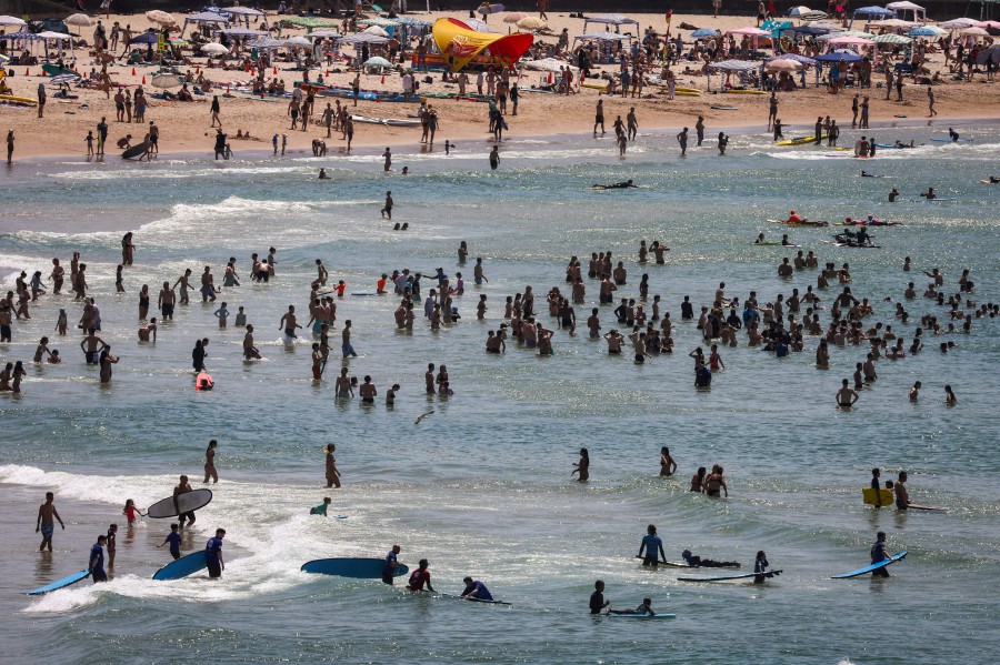 Beachgoers carry and ride surfboards as others swim on a hot summer day at Sydney's Bondi Beach. - AFP PIC