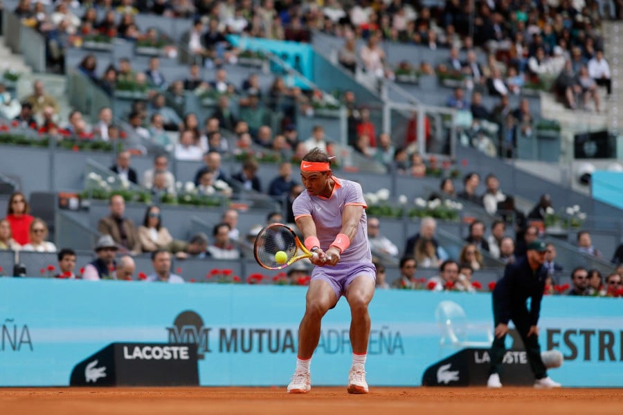Spain's Rafael Nadal returns the ball to US' Darwin Blanch during the 2024 ATP Tour Madrid Open tennis tournament singles match at Caja Magica in Madrid. - AFP PIC