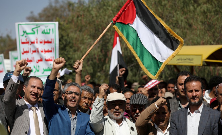 University professors rally to show support for the Palestinians in the Gaza Strip and the recent Houthi strikes on ships in the Red Sea and the Gulf of Aden, in Sanaa, Yemen. - REUTERS PIC