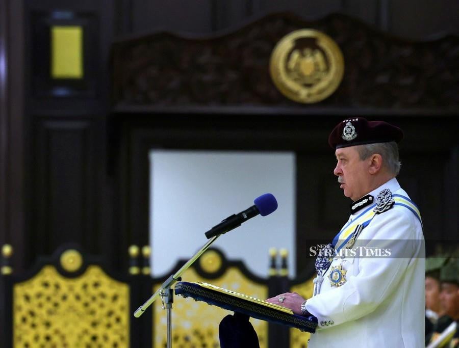 His Majesty Sultan Ibrahim, King of Malaysia delivers his royal address during the investiture ceremony of Federal Territories awards, medals and honours at Istana Negara. - BERNAMA PIC