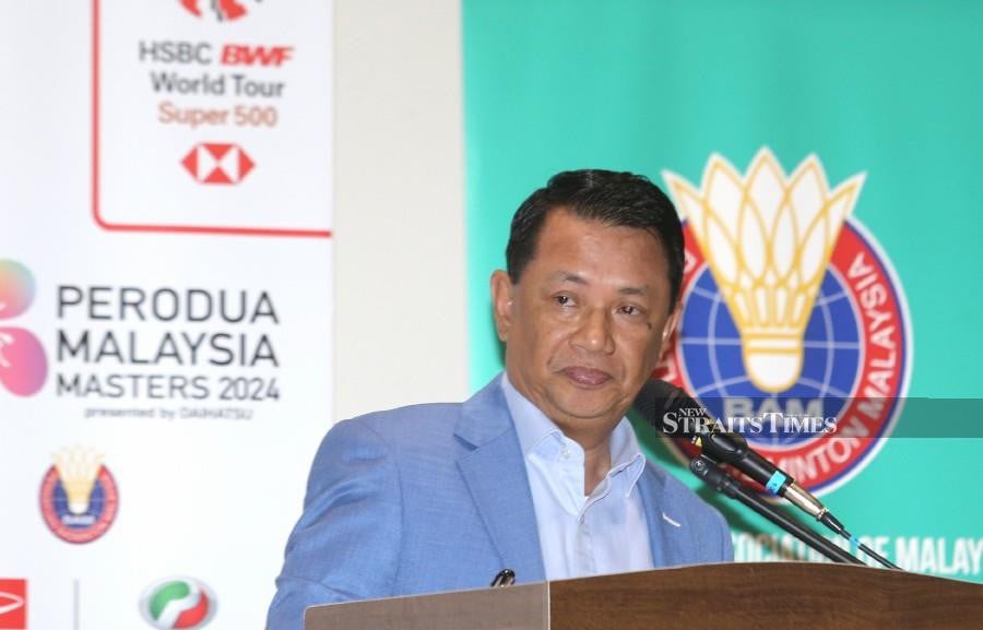 BAM president, Tan Sri Norza Zakaria delivers his speech during the launch of the Malaysian Masters at the Academy Badminton Malaysia in Bukit Kiara. -NSTP/AMIRUDIN SAHIB.