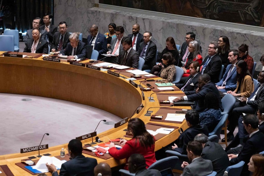 A general view shows a United Nations Security Council meeting on Gaza, at UN headquarters in New York City. - AFP PIC