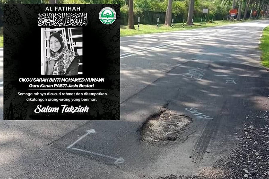 The crash occurred around 11.20am when the victim, Siti Sarah Mohamed Nuwawi, 32, who was also the head teacher at the Islamic care centre (Pasti) Jasin Bestari, was riding her motorcycle towards Gapam from Bemban. - Viral pic