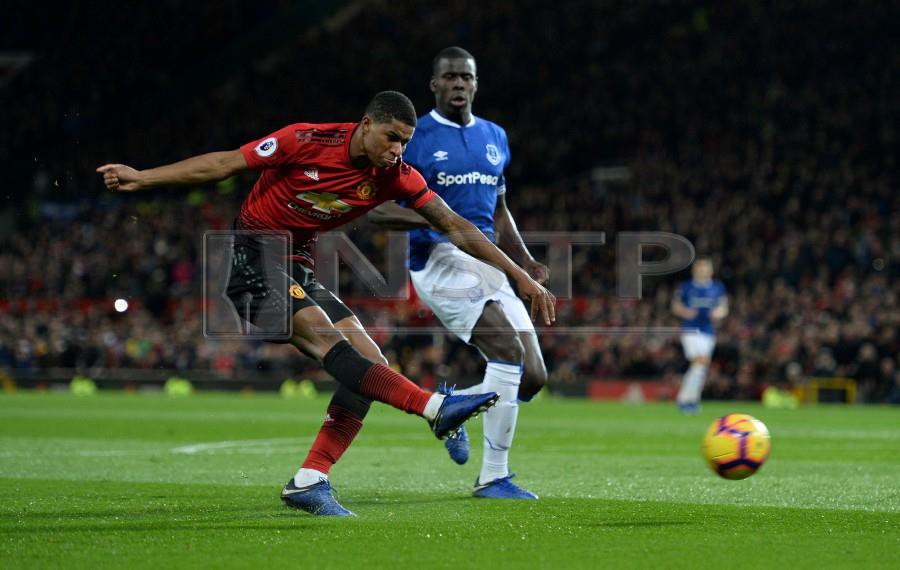 Manchester United's Marcus Rashford shoots at goal during the match against Everton on Oct 28 at Old Trafford in Manchester. - Reuters