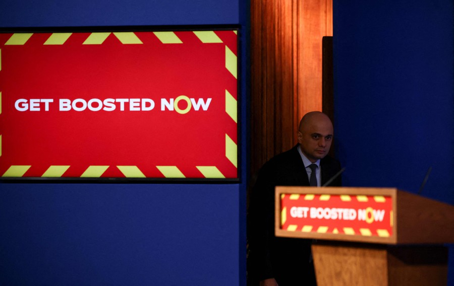 Britain's Health Secretary Sajid Javid arrives for a press conference to update the nation on the Covid-19 pandemic, inside the Downing Street Briefing Room in central London. - AFP PIC