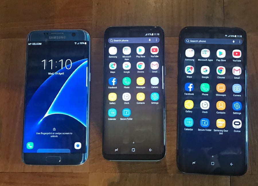 The Samsung Galaxy S7 Edge (left) compared to the S8 and S8+. 