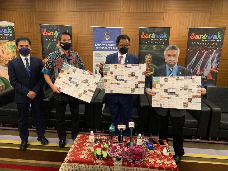 Tourism, Creative Industry and Performing Arts Minister Datuk Seri Abdul Karim Hamzah (second from right) launches Sarawak's Tourism Quick Fact Book 2021 and Calendar of Event 2022 in Kuching today. - Pic courtesy of UKAS. 