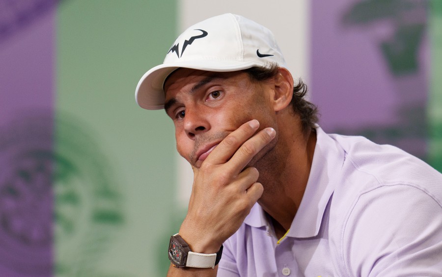 A handout photo made available by AELTC of Rafael Nadal of Spain during a press conference as he announces that he is withdrawing from the men's singles semi final at the Wimbledon Championships 2022, Wimbledon, Britain, on July 7, 2022. EPA/AELTC HANDOUT 