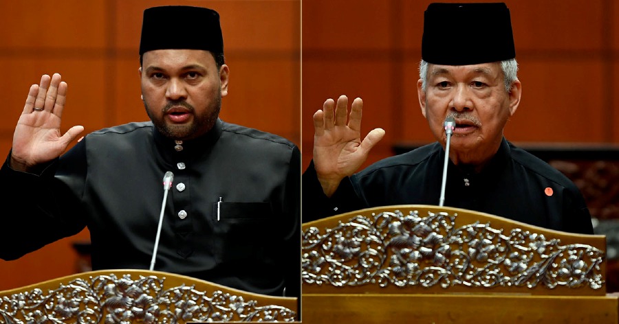 Datuk Iskandar Dzulkarnain Abdul Khalid (left) and Datuk Shamsuddin Abd Ghaffar (right) were sworn-in as senators at a ceremony held at the Dewan Negara here. - BERNAMA Pic