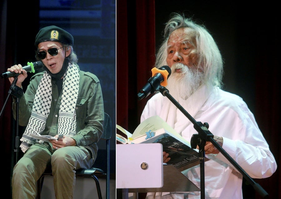 Anbakri (left), who was accompanied by a guitarist, performed his poem song, ‘Dear Gaza’, while National Laureate Datuk Seri A Samad Said recited his poem, ‘Anak-Anak Palestina’, during the recent Seniman Bangkit: Membela Palestin, Menentang Kezaliman Israel programme.