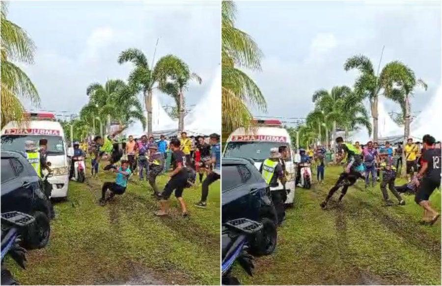 A referee was injured after he was attacked by three men during a football match between the Iskandar Puteri City Council and the Setiu District Council at Padang Pertanian Lekir, in Manjung, two days ago.- Pic credit social media
