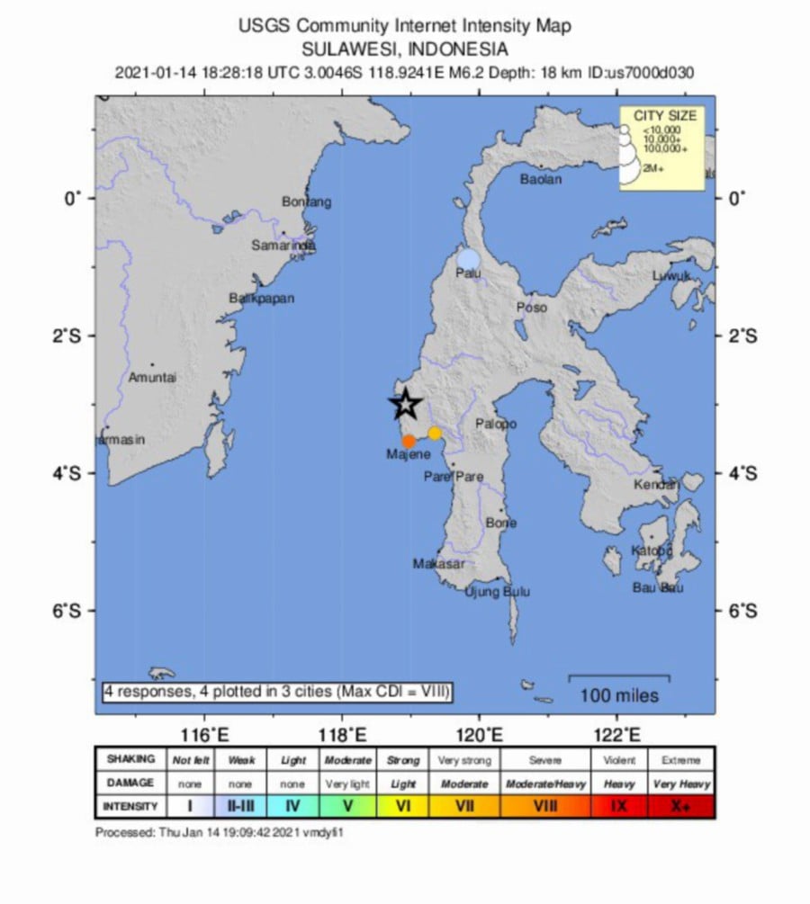  A handout shakemap made available by the United States Geological Survey (USGS) shows the location of a 6.2-magnitude earthquake in the island of Sulawesi, Indonesia. -EPA/USGS Handout