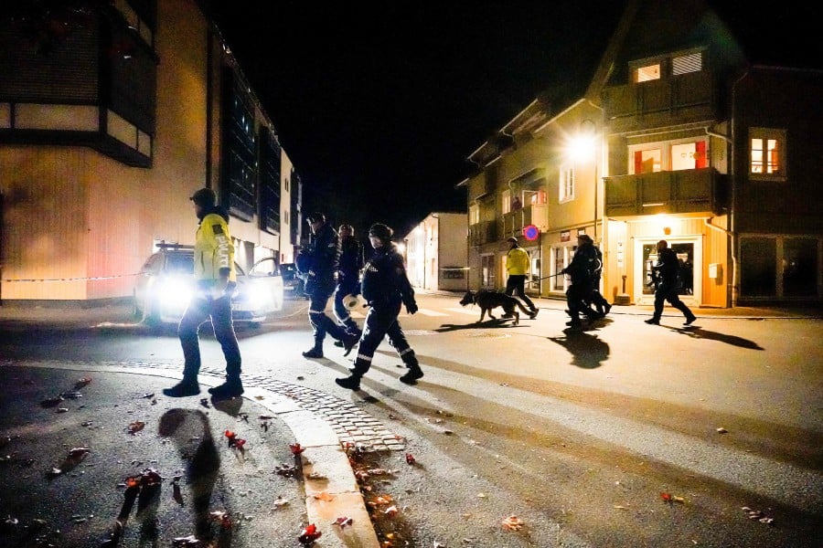  Police officers cordon off the scene where they are investigating in Kongsberg, Norway after a man armed with bow killed several people before he was arrested by police. - AFP PIC