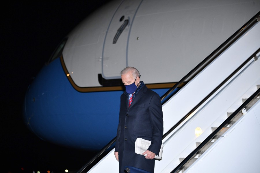 US President Joe Biden steps off Air Force One upon arrival at New Castle Airport in New Castle, Delaware. - AFP pic