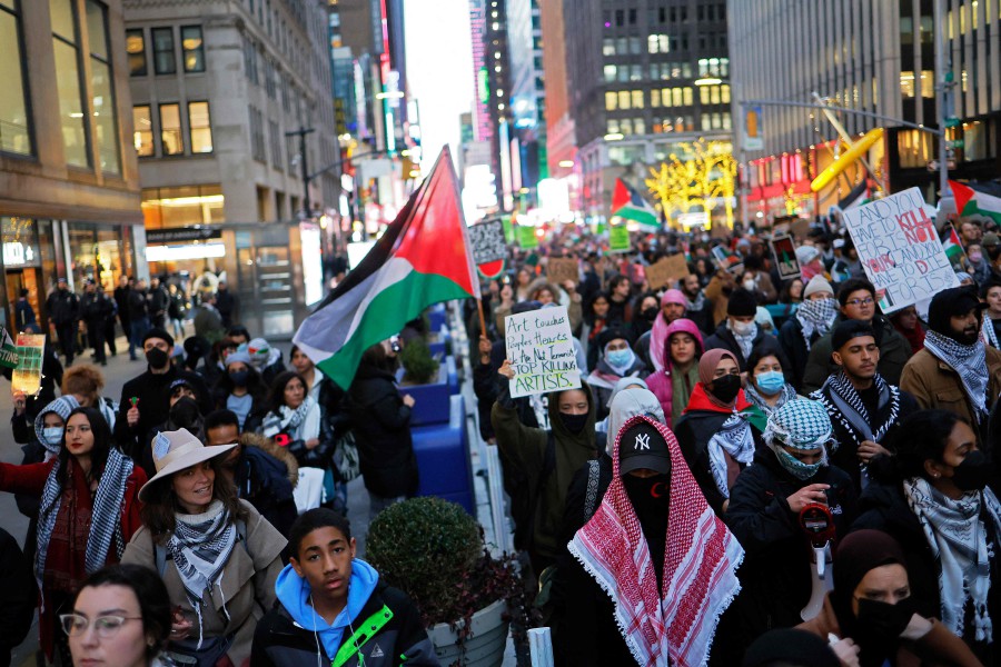 Activists gathered at Grand Central Station before marching as they continued to demand a ceasefire in Gaza. - AFP PIC