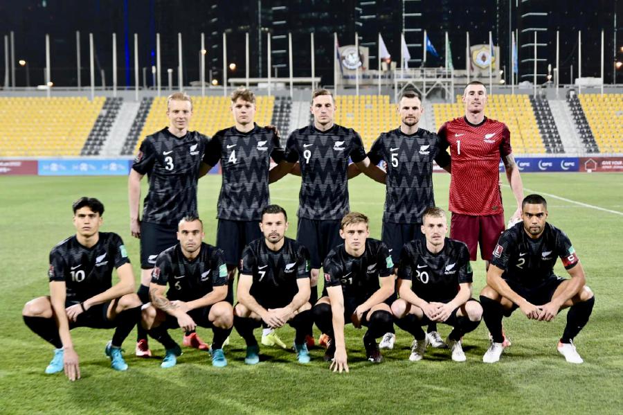 New Zealand players pose for a group photo ahead of their semi-finals match of the Oceania World Cup qualifying tournament in Doha. - Pic credit Facebook AllWhites 