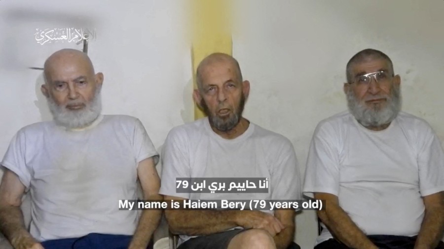 Three Israeli hostages appear in footage by Hamas at a location given as Gaza. - REUTERS PIC
