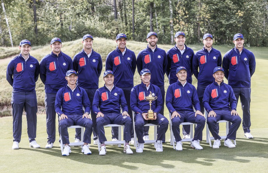 The US team poses with Captain Steve Stricker (C-with trophy) during the US team photo session at the pandemic-delayed 2020 Ryder Cup golf tournament at the Whistling Straits golf course in Kohler, Wisconsin. The US team are (B-From Left) Collin Morikawa,J ustin Thomas, Jordan Spieth, and Xander Schauffele, (Back from Left) Patrick Cantlay, Bryson DeChambeau, Harris English, Tony Finau, Dustin Johnson, Scottie Scheffler, Daniel Berger, and Brooks Koepka. --EPA PIC