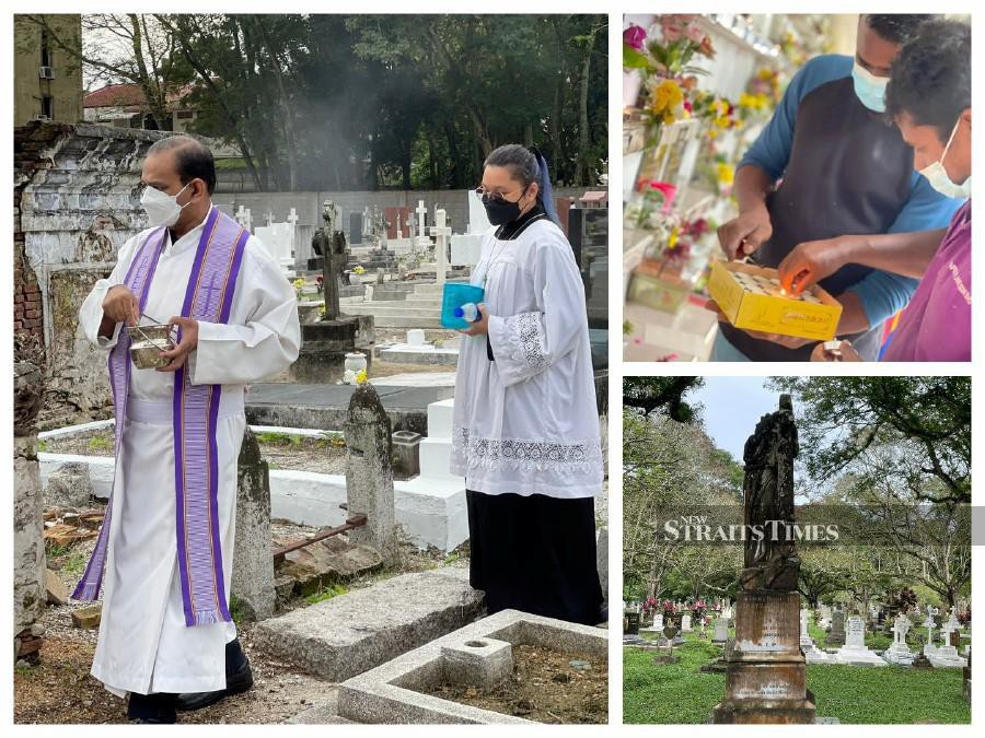 (clockwise) Father Miranda blessing the graves at the Kelawai Road Cemetery; Flowers and candles were placed at all graves and columbarium niches at the Kelawei Road Cemetery; and Roman Catholic graves at the Western Road cemetery. - Pic by Marina Emmanuel.