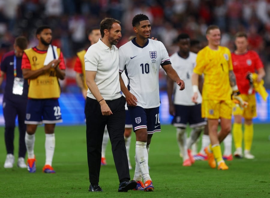 England manager Gareth Southgate with Jude Bellingham after the match against Denmark during Thursday’s Euro 2024 Group C match at the Frankfurt Arena. - REUTERS PIC