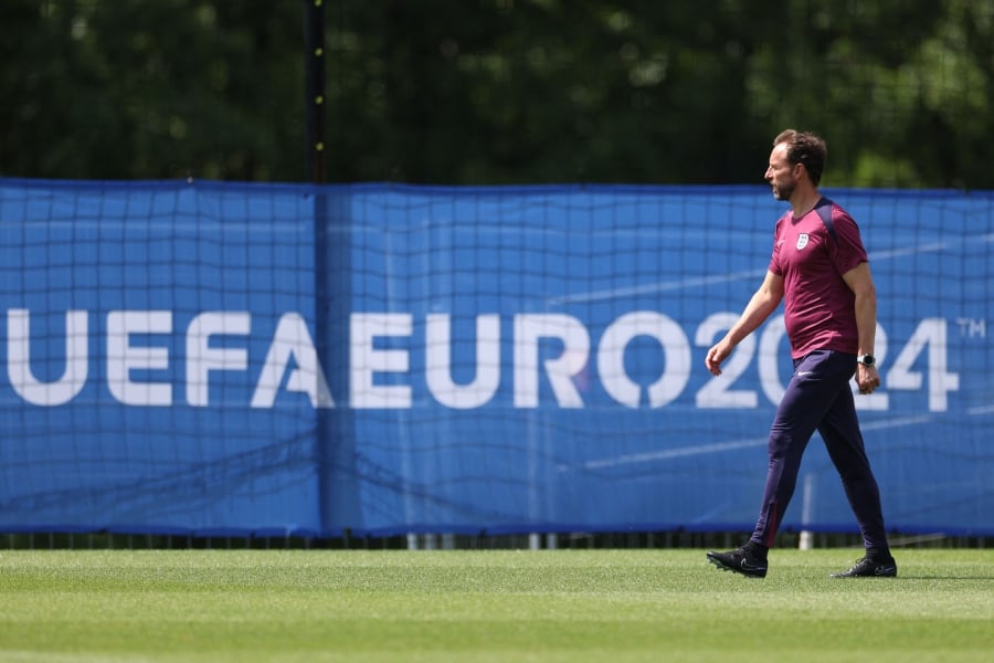 England’s head coach Gareth Southgate leads a training session at the team’s base camp in Blankenhain, Thuringia on Monday, on the eve of their Euro 2024 Group C match against Slovenia - AFP PIC