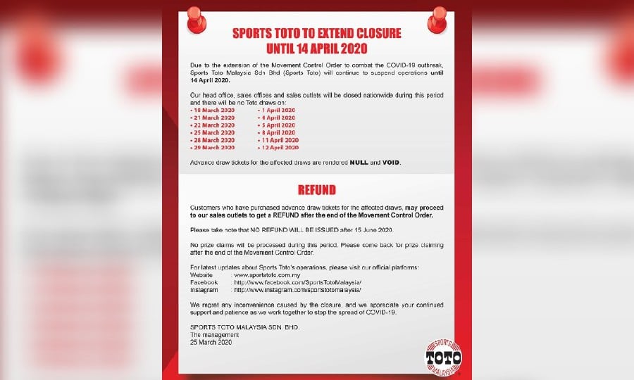 Sports Toto To Extend Closure Until April 14