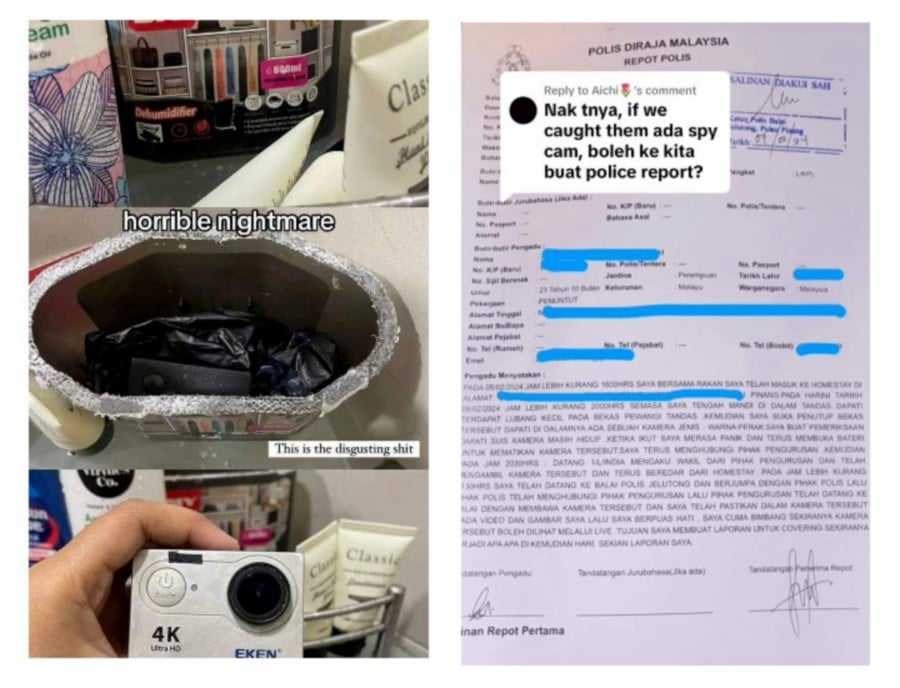 A woman has lodged a police report after she discovered a camera hidden inside the bathroom of her homestay in Jelutong here. - Pic from X (Twitter)