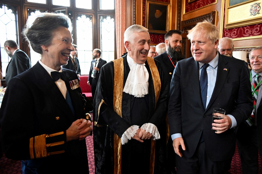 British Prime Minister Boris Johnson speaks with Speaker of the House of Commons, Lindsay Hoyle,  and Britain's Anne, Princess Royal at an event to commemorate the 40th anniversary of the Falkland Islands conflict, in London, Britain. -REUTERS PIC