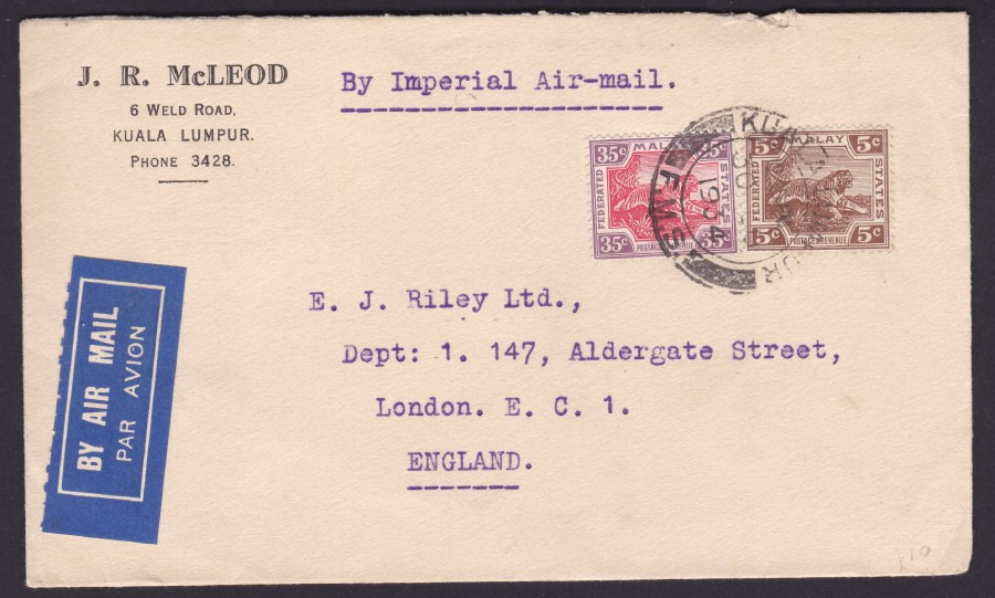 An airmail letter sent from Kuala Lumpur to England.