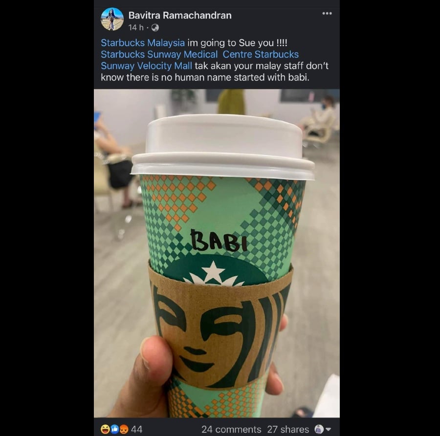 A recent visit to a Starbucks outlet in Sunway took an unpleasant turn for a customer when she discovered that a staff member had written an offensive term instead of her name on the cup. - Pic credit social media