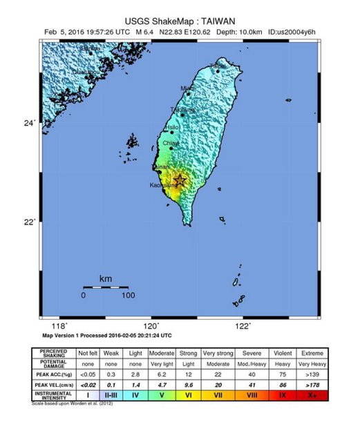  A handout image provided by the US Geological Survey (USGS) shows a shakemap of a 6.4 magnitude earthquake detected in a depth of 10 kilometers some 22 kilometers northeast of Pingtung, Taiwan. EPA