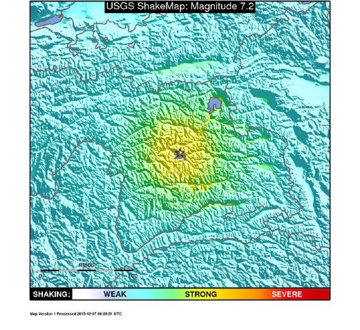 An intensity shake map released by the US Geological Survey (USGS) on 07 December 2015 shows the location where a preliminary 7.2 magnitude earthquake struck near Karakul, west of Murghob, Tajikistan, 07 December 2015. According to the US Geological Survey, the earthquake measuring 7.2 magnitude with the epicentre 111km southwest of Karakul, a mountainous area, struck in Tajikistan, west of Murghob, shaking buildings as far away as the Indian capital of New Delhi and in Pakistan. EPA/USGS 