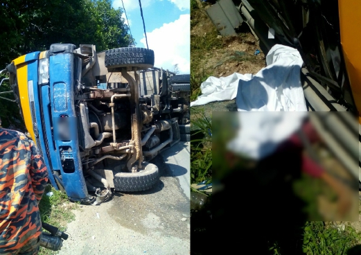 Woman Killed Man Hurt When Garbage Truck Lands On Its Side Near Felda Bukit Cerakah