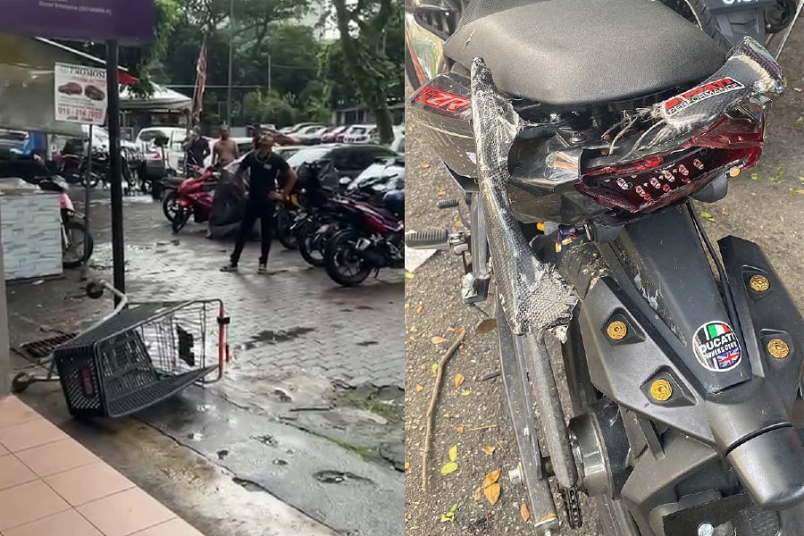 A shopping trolley was thrown from Block 90 of the Putra Ria Apartment in Bangsar yesterday, narrowly missing a woman and causing significant damage to a parked motorcycle below. - Pic courtesy from reader