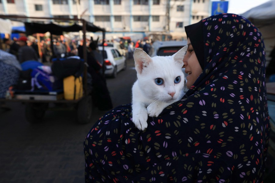 A woman carries her cat as Palestinians who had taken refuge in temporary shelters return to their homes in eastern Khan Yunis in the southern Gaza Strip. - AFP PIC