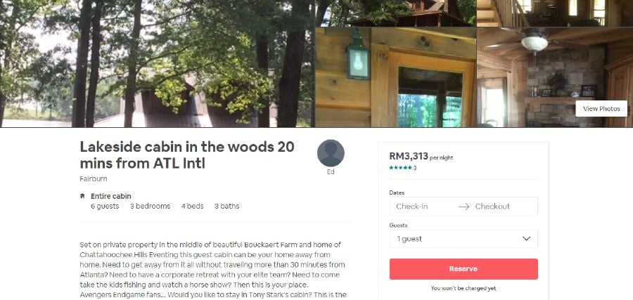 Tony Stark’s lakeside cabin is available for rent for RM3,313 per night. — Airbnb
