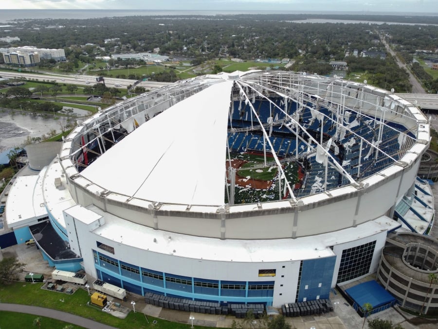 A drone image shows the dome of Tropicana Field which has been torn open due to Hurricane Milton in St. Petersburg, Florida, on Thursday. - AFP PIC