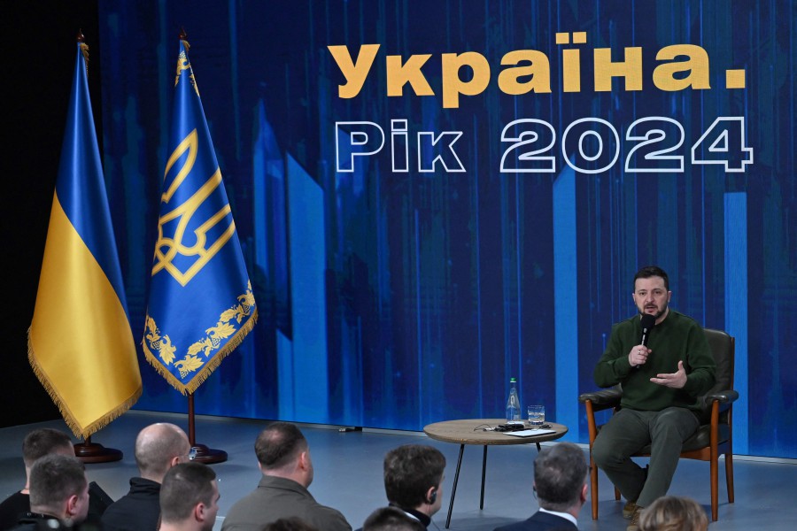 Ukraine's President Volodymyr Zelenskyy attends a press conference during the "Ukraine Year 2024" forum in Kyiv on February 25, 2024, marking the second anniversary of the Russian invasion of Ukraine. -AFP PIC