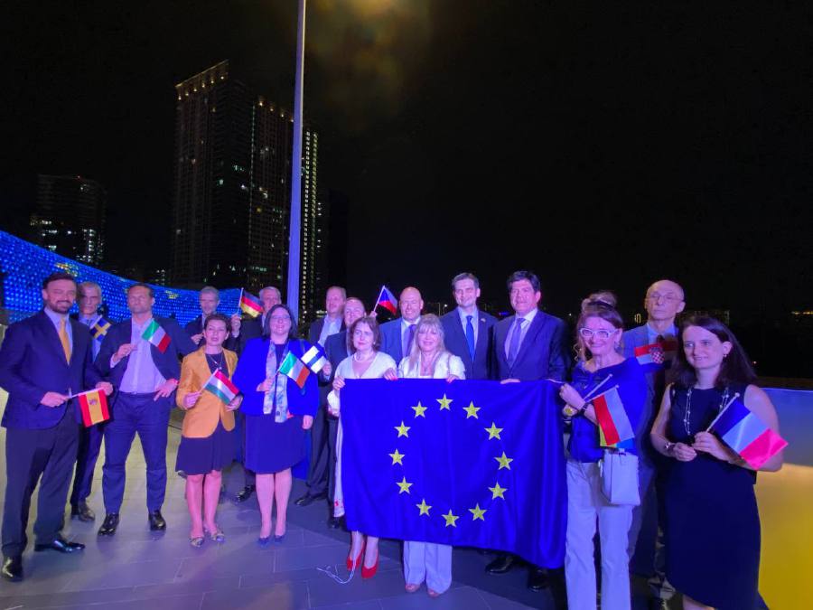 EU Ambassador to Malaysia Michalis Rokas, together with Ukraine Ambassador to Malaysia, Olexander Nechytaylo, as well as 14 ambassadors and representatives from EU member states hoisting their national flags and the EU flag to commemorate Europe Day. - NSTP/ DHESEGAAN BALA KRISHNAN
