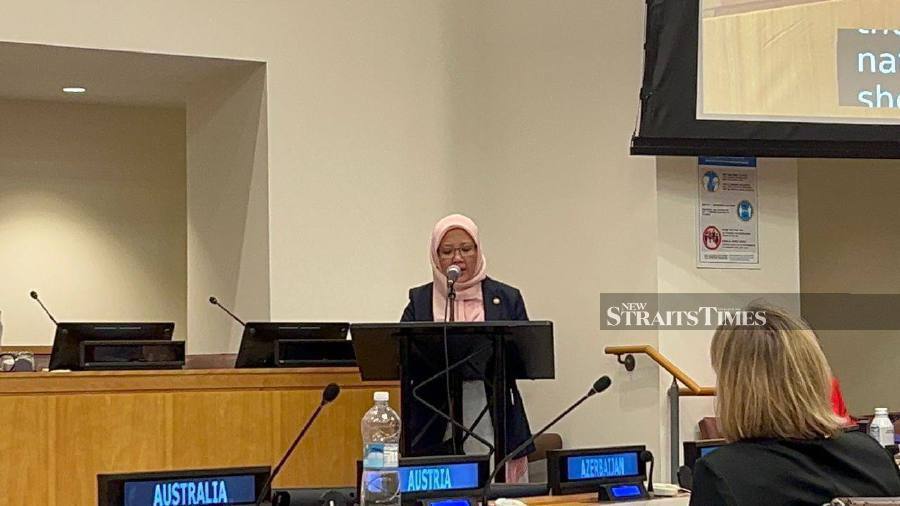 Health Minister Dr Zaliha Mustafa delivering her keynote address at the High-Level Meeting on the Pandemic Prevention, Preparedness and Respons`e, in New York. - NSTP/THARANYA ARUMUGAM