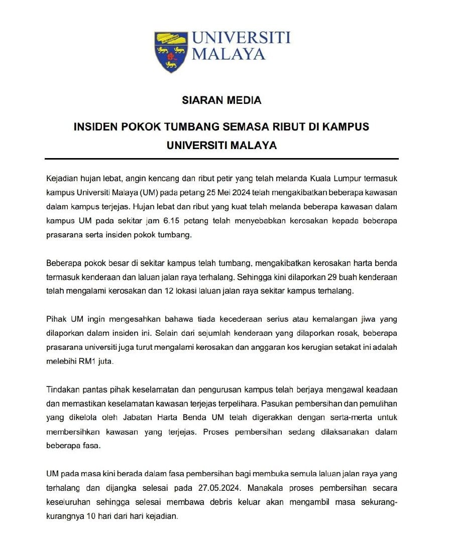 Screenshot of the press statement released by Universiti Malaya’s corporate communications centre on Sunday. 