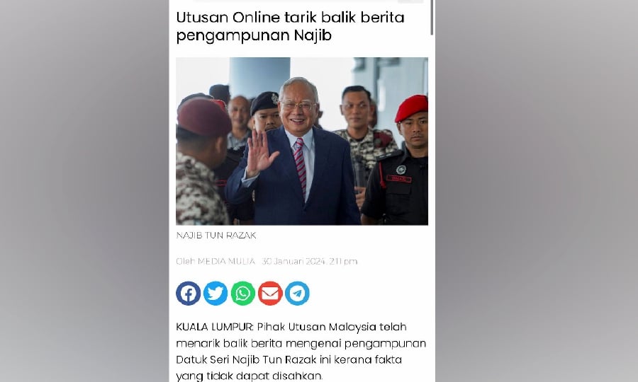 A screenshot of Utusan Malaysia’s apology over the article.