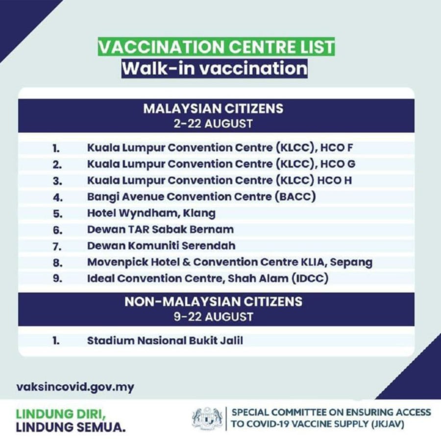 Bangi avenue convention centre vaccine type
