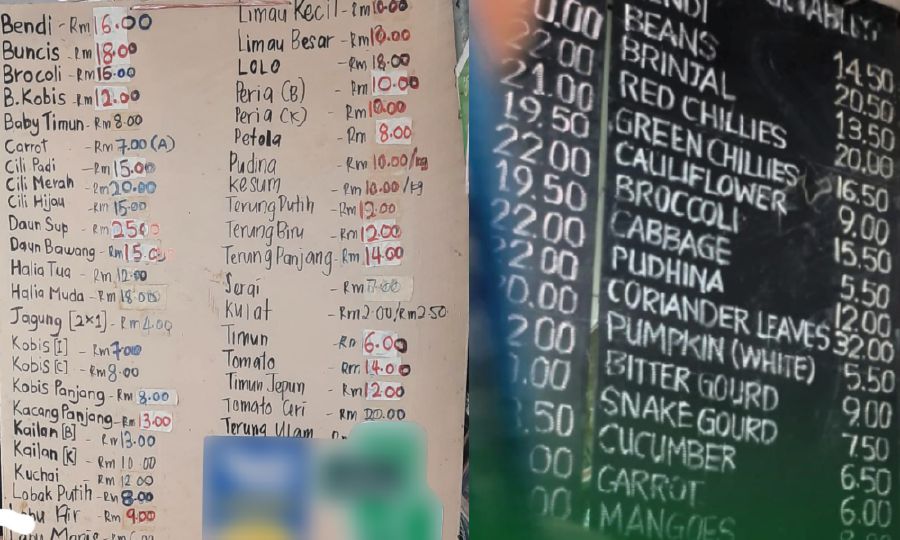Prices of vegetables have become so high that consumers have stopped purchasing them, while restaurateurs are removing certain dishes from their menus. These are lists of vegetable prices at Bayan Baru market, a shop in Little India, and obtained from a vegetable seller. -Pic credit: CAP