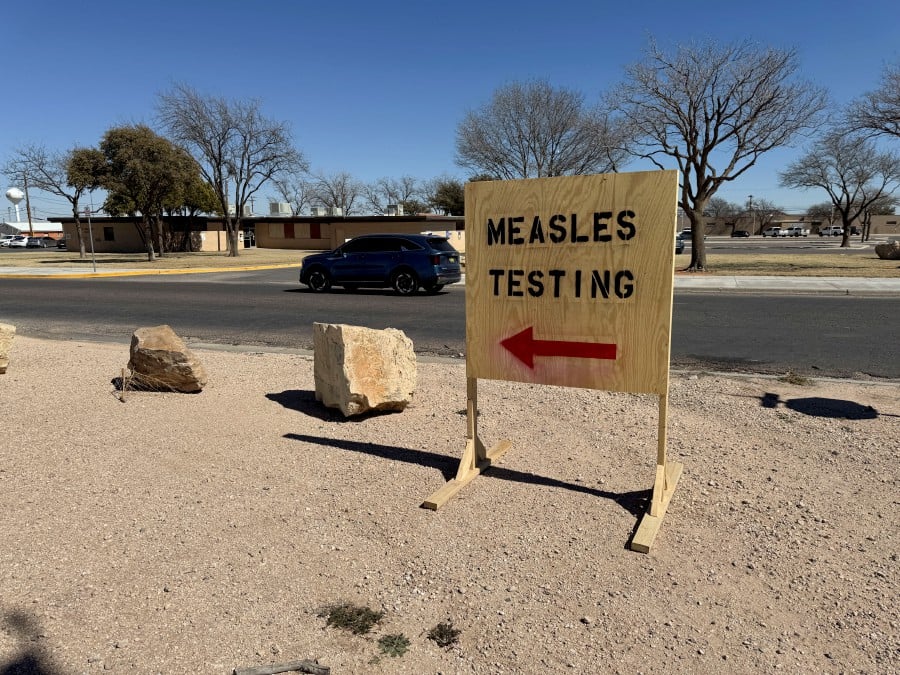 A sign reading "measles testing" is seen as an outbreak in Gaines County, Texas, has raised concerns over its spread to other parts of the state, in Seminole, Texas. -REUTERS PIC