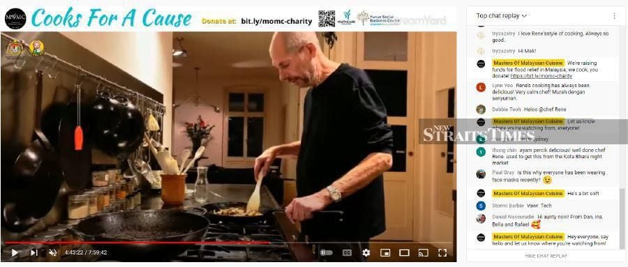  Baethe sauteing the mushrooms for the vegan mushroom sambal in his home kitchen in Berlin. This is a screenshot from the pre-recorded cooking session.