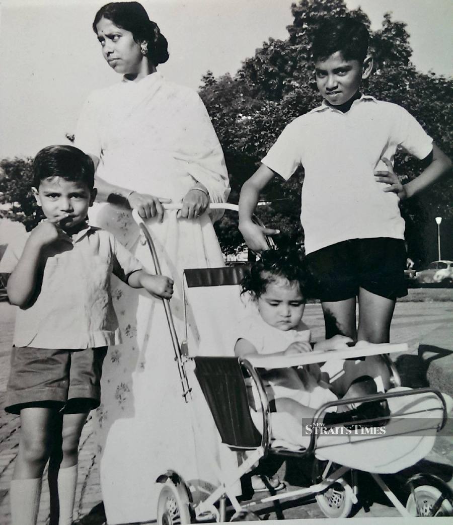  Dipika in the pram with brothers Ashis and Amit, and their mother Pratima Mukherjee in Geneva, Switzerland, circa 1966.
