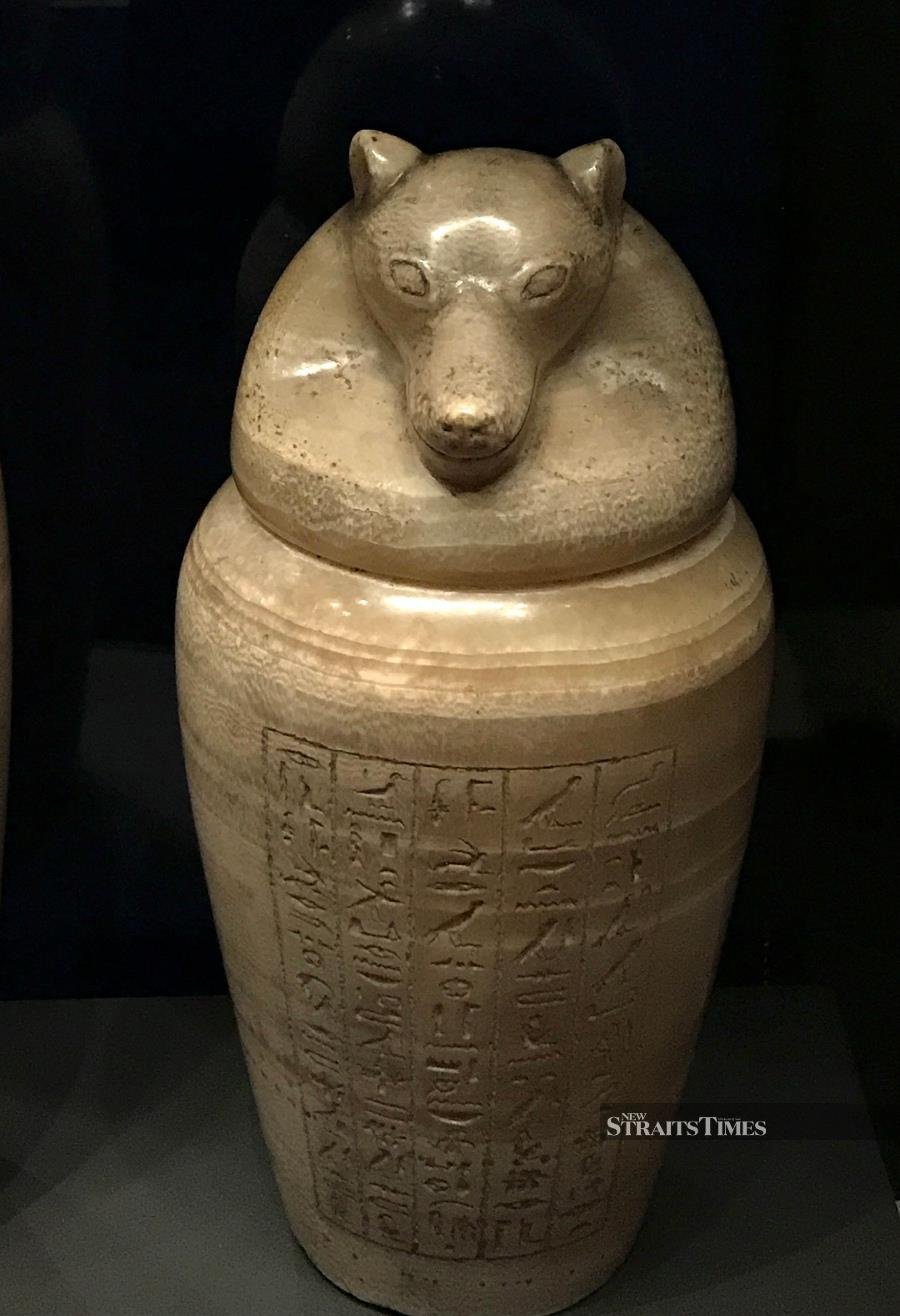  Canopic jars preserved body parts of the deceased, as              in this one for the stomach from around 2,500 years ago.