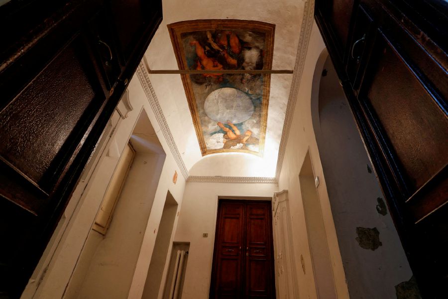 A view of the "Jupiter, Neptune and Pluto" painting by Carvaggio, the Italian master's only ceiling mural, inside Villa Aurora, a building up for auction in January with an opening bid set at 471 million euros, in Rome, Italy, November 16, 2021. REUTERS/Remo Casilli
