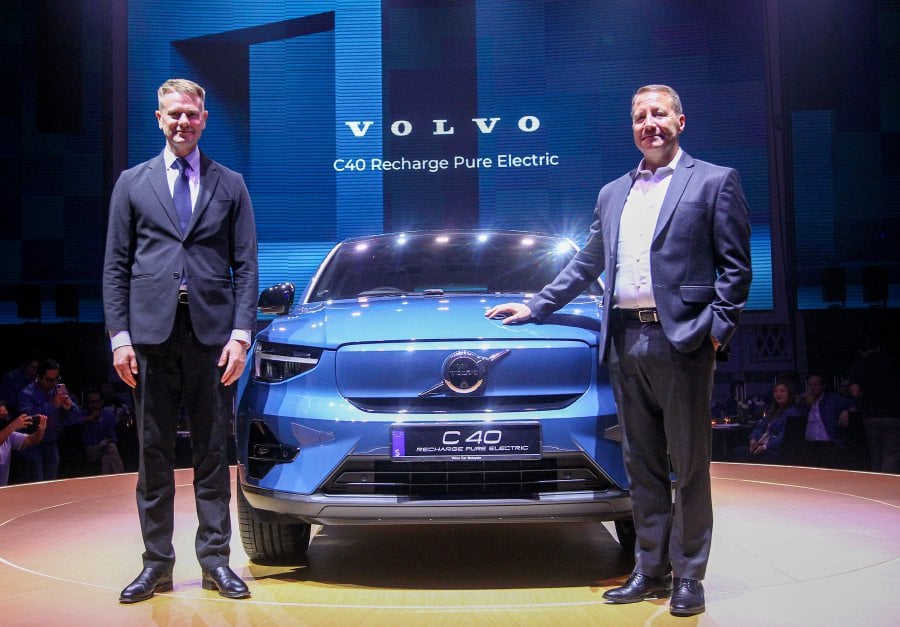Managing Director Volvo Car Malaysia, Charles Frump (right) and Sweeden Ambassador to Malaysia, Joachim Berstrom during The launch of Volvo C40 at St Regis Hotel, Kuala Lumpur. STR/ AZIAH AZMEE